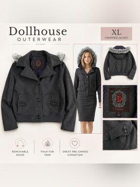 Dollhouse Outerwear Grey Cropped Hooded Jacket XL Faux Fur Trim